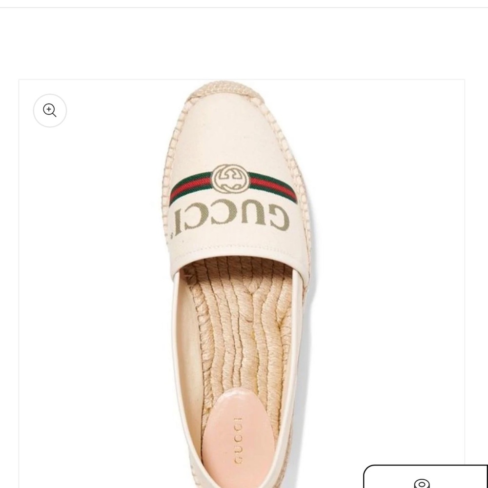 Gucci Women Off-White Logo Printed Canvas Leather Trimmed Espadrilles Flats - Picture 2 of 5